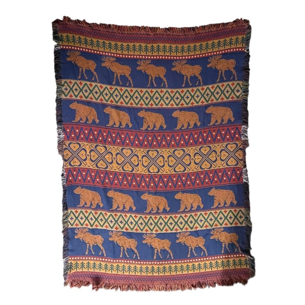 Vintage Rug Barn Moose & Bear Print Cabin Tapestry Blanket